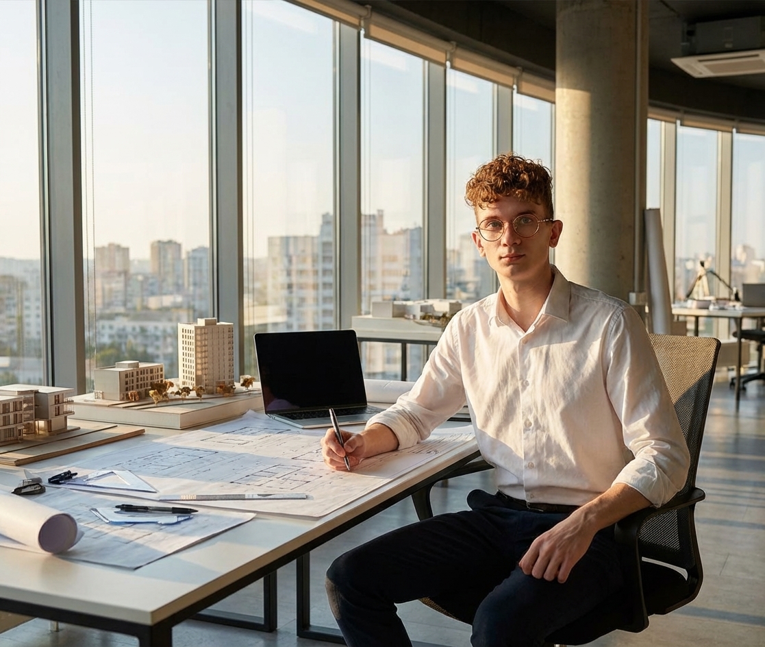 Dmitrii at desk with urban models